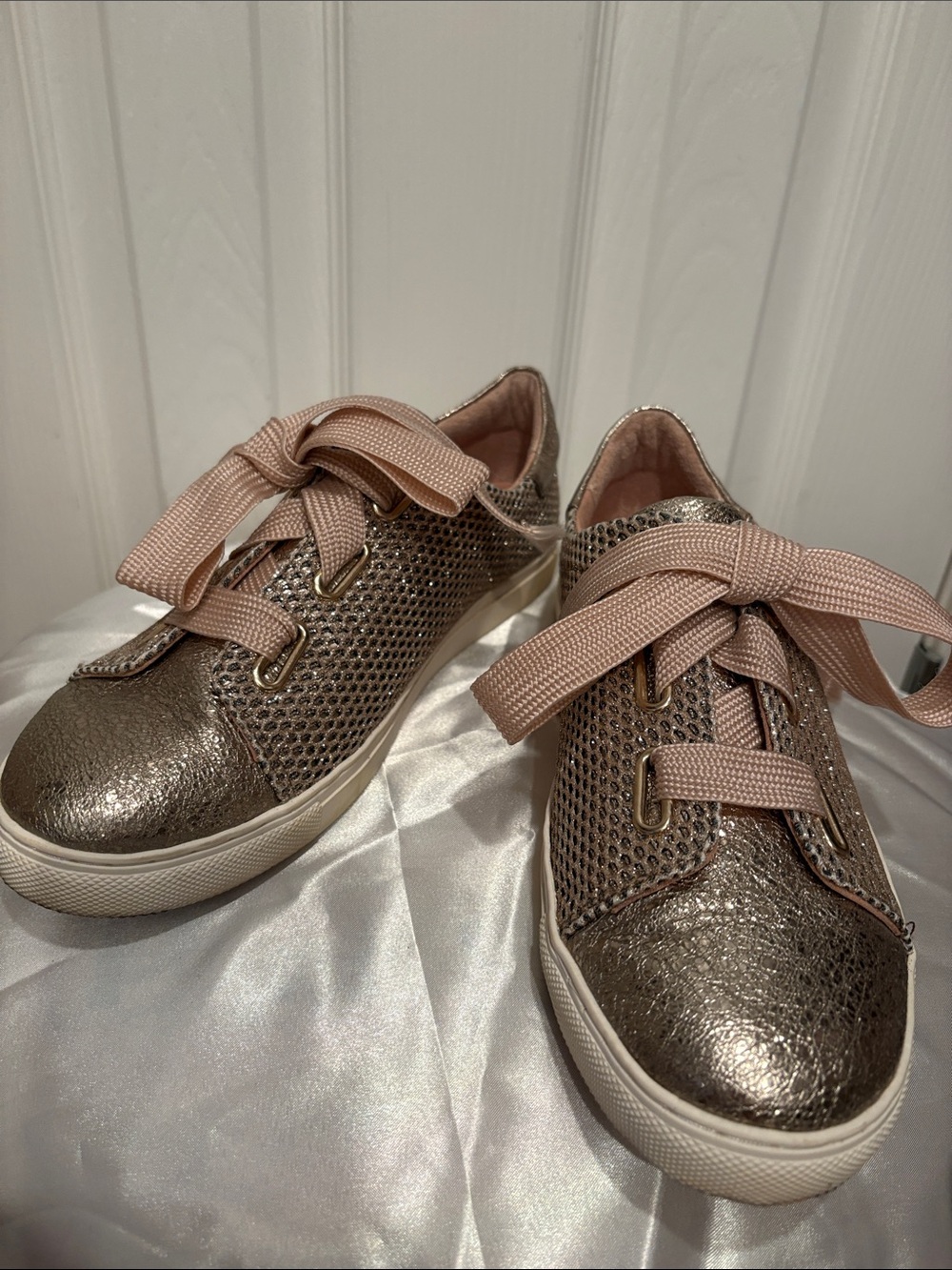 Giani Bernini Metallic Rose Gold Mesh Sneakers with Pink Ribbon Laces